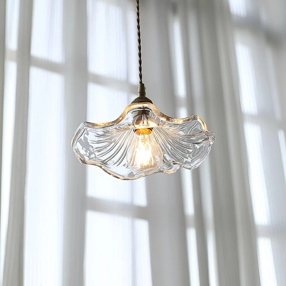 Hanglamp – Glazen bloemvorm in paars en amberkleurig voor aan de eettafel of in de woonkamer
