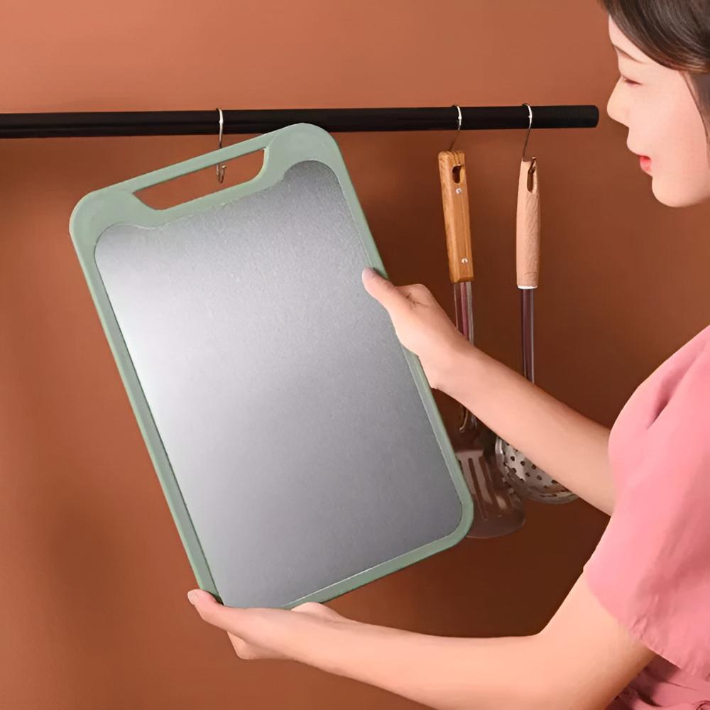 Double-sided Cutting Board – Stainless Steel and Rice Husk Fiber, Hygienic Design for Kitchen Use