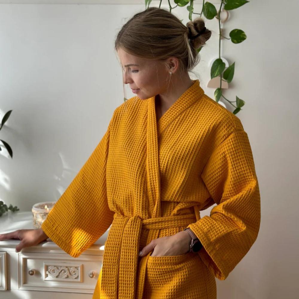 Waffle Bathrobe – 100% Cotton, Beige, V-neck with Adjustable Waist for Home or Wellness