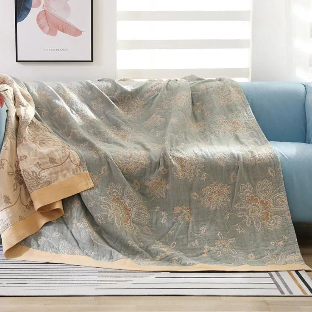 Betræk i bomuld – Blomsterdesign, Let plaid til seng eller sofa