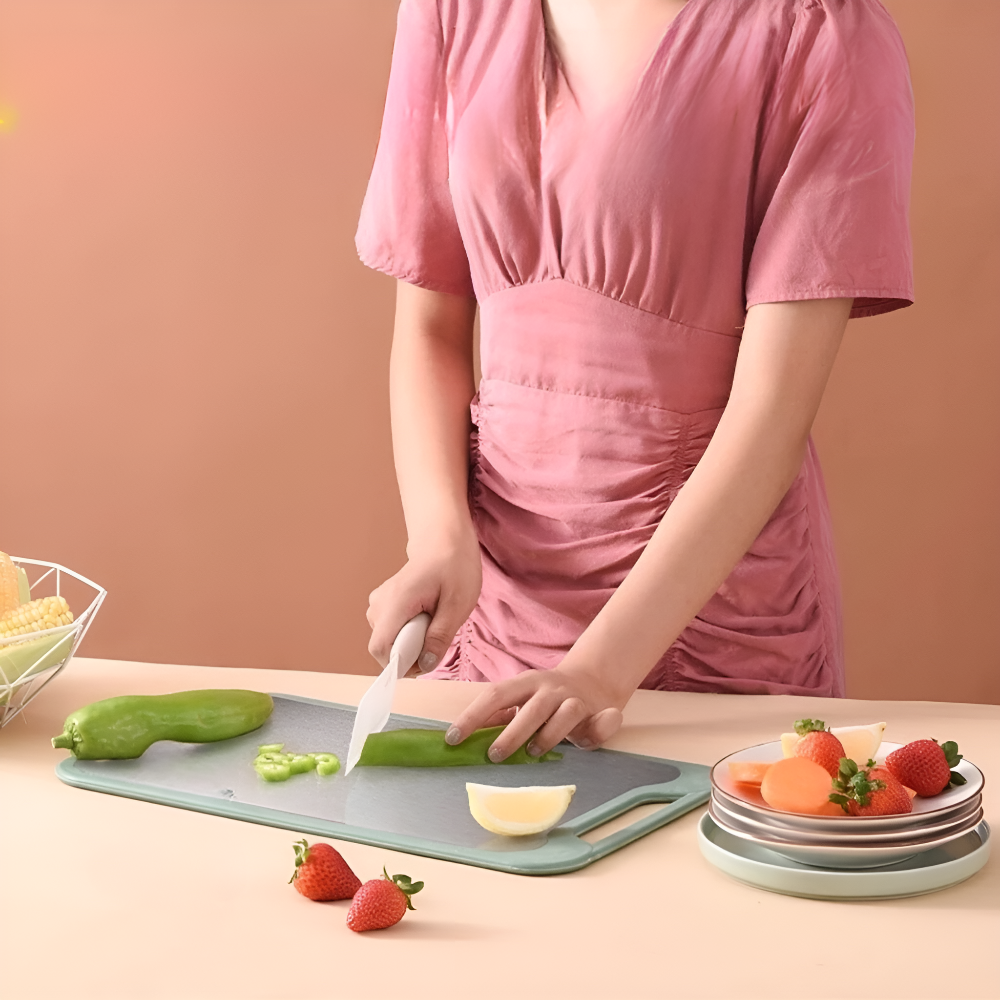 Double-sided Cutting Board – Stainless Steel and Rice Husk Fiber, Hygienic Design for Kitchen Use