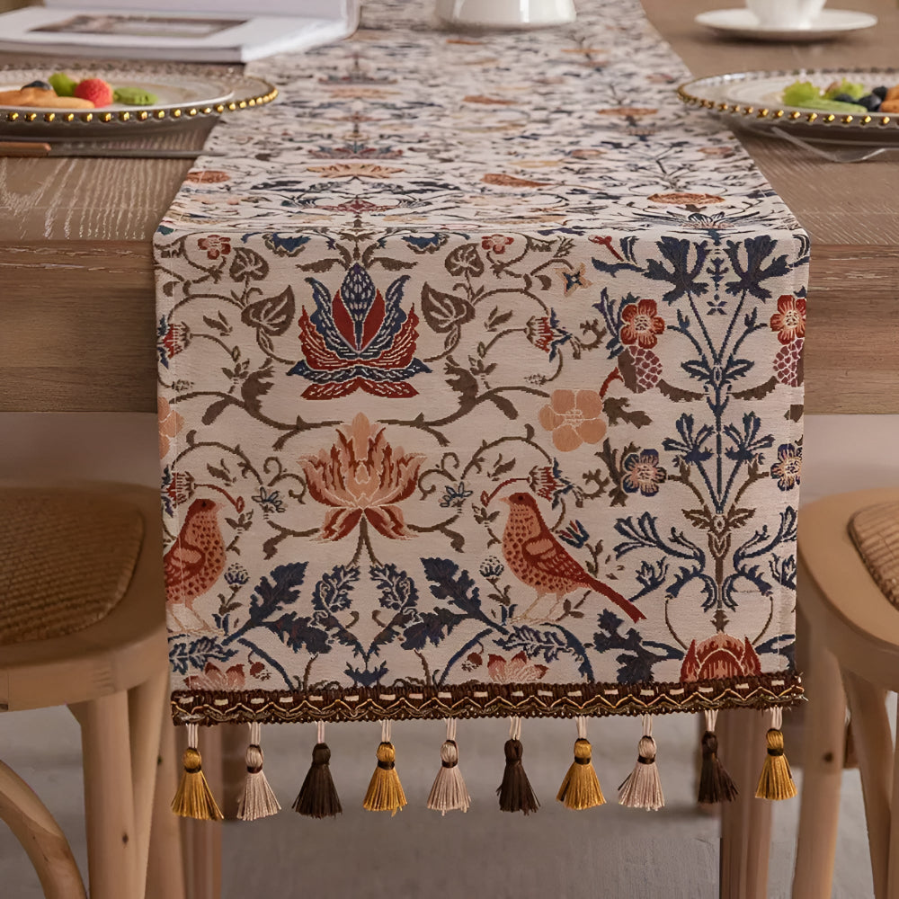 Vintage Jacquard Borddug – Blomster og Fugle, Rustik Design til Spise- eller Kaffe Bord