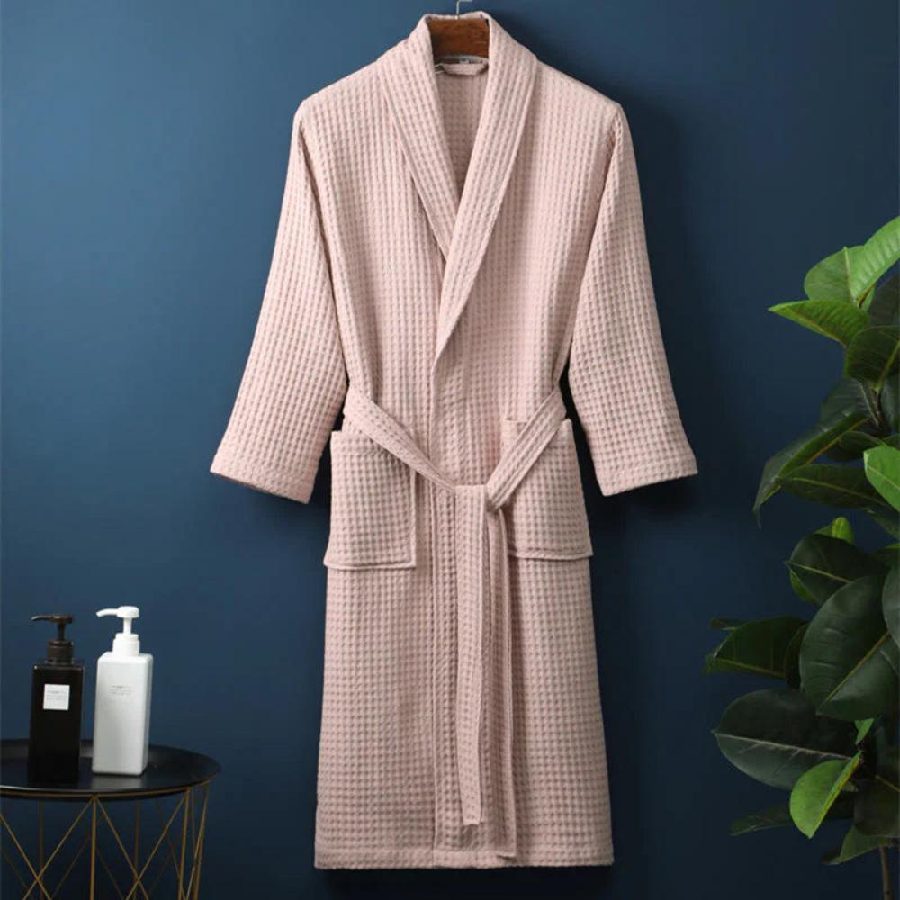 Waffle Bathrobe – 100% Cotton, Beige, V-neck with Adjustable Waist for Home or Wellness