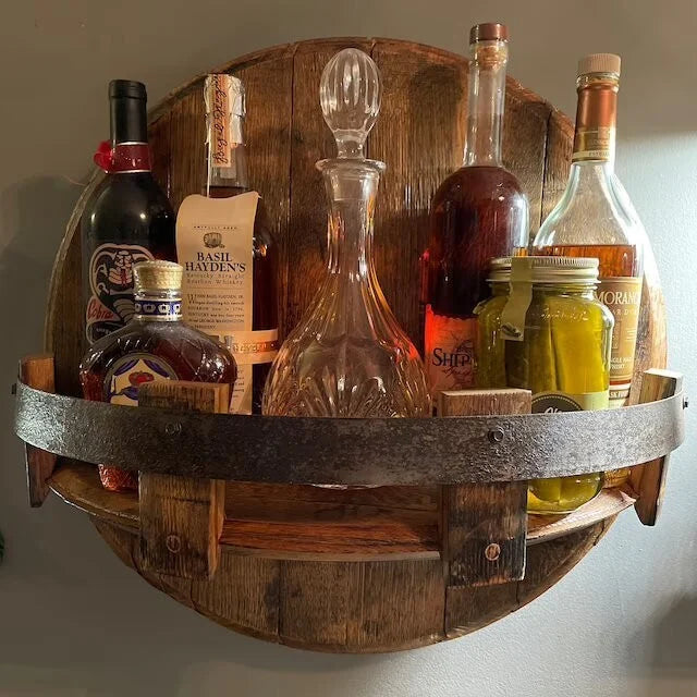 Wall display for beverages – Solid wood with metal fittings, industrial design for kitchen or home bar