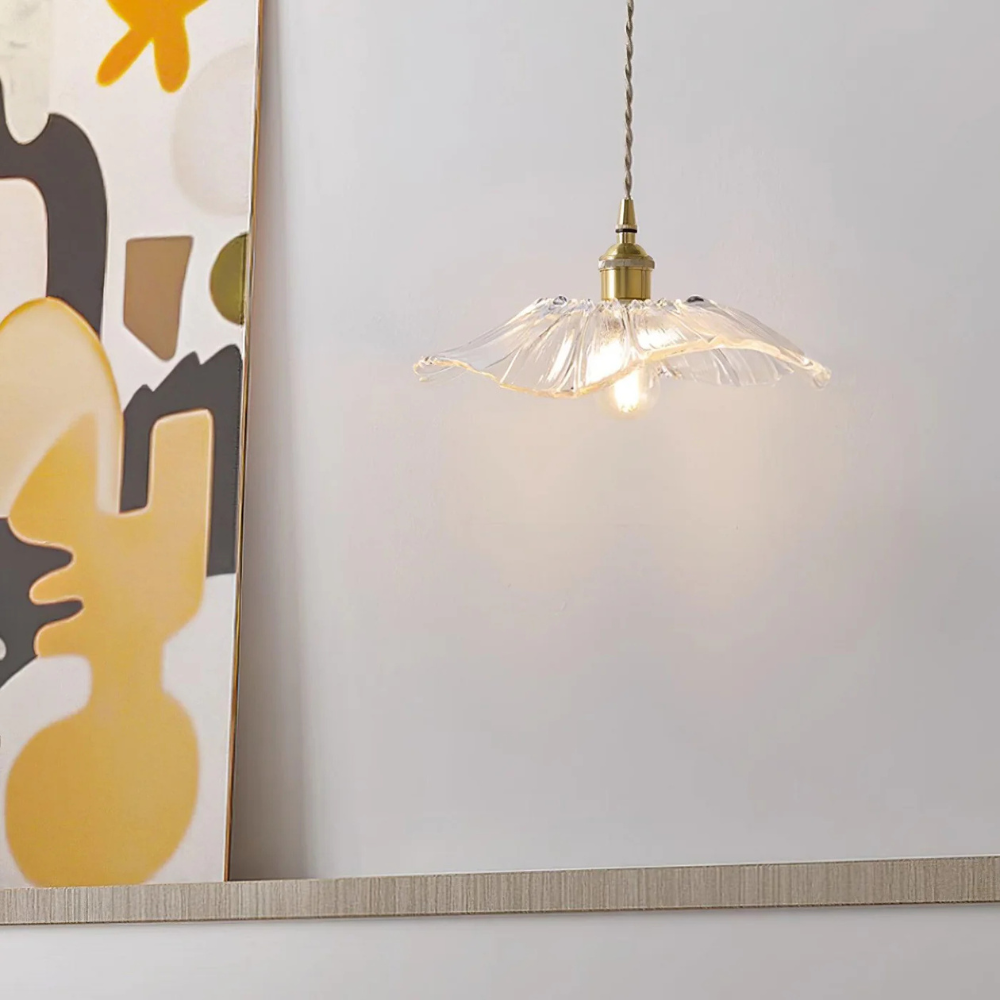 Hanglamp – Glazen bloemvorm in paars en amberkleurig voor aan de eettafel of in de woonkamer