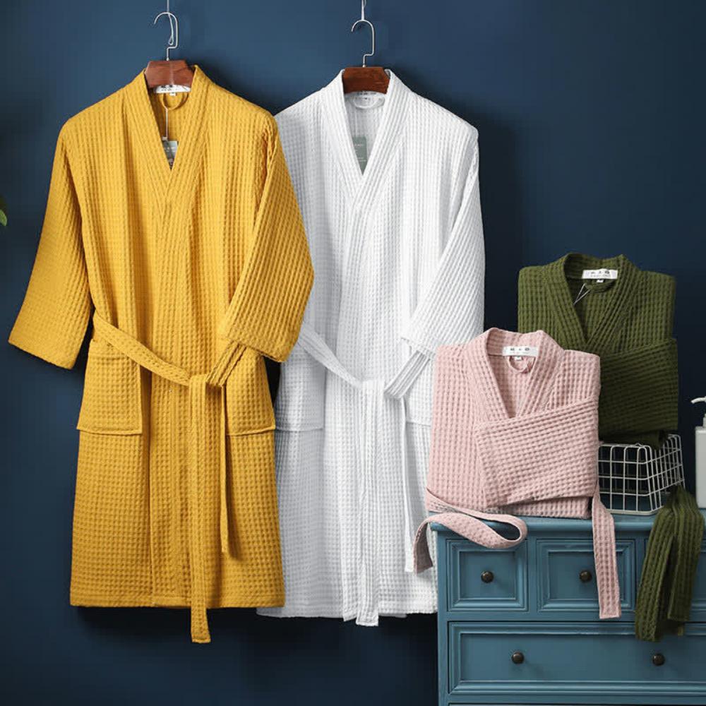 Waffle Bathrobe – 100% Cotton, Beige, V-neck with Adjustable Waist for Home or Wellness