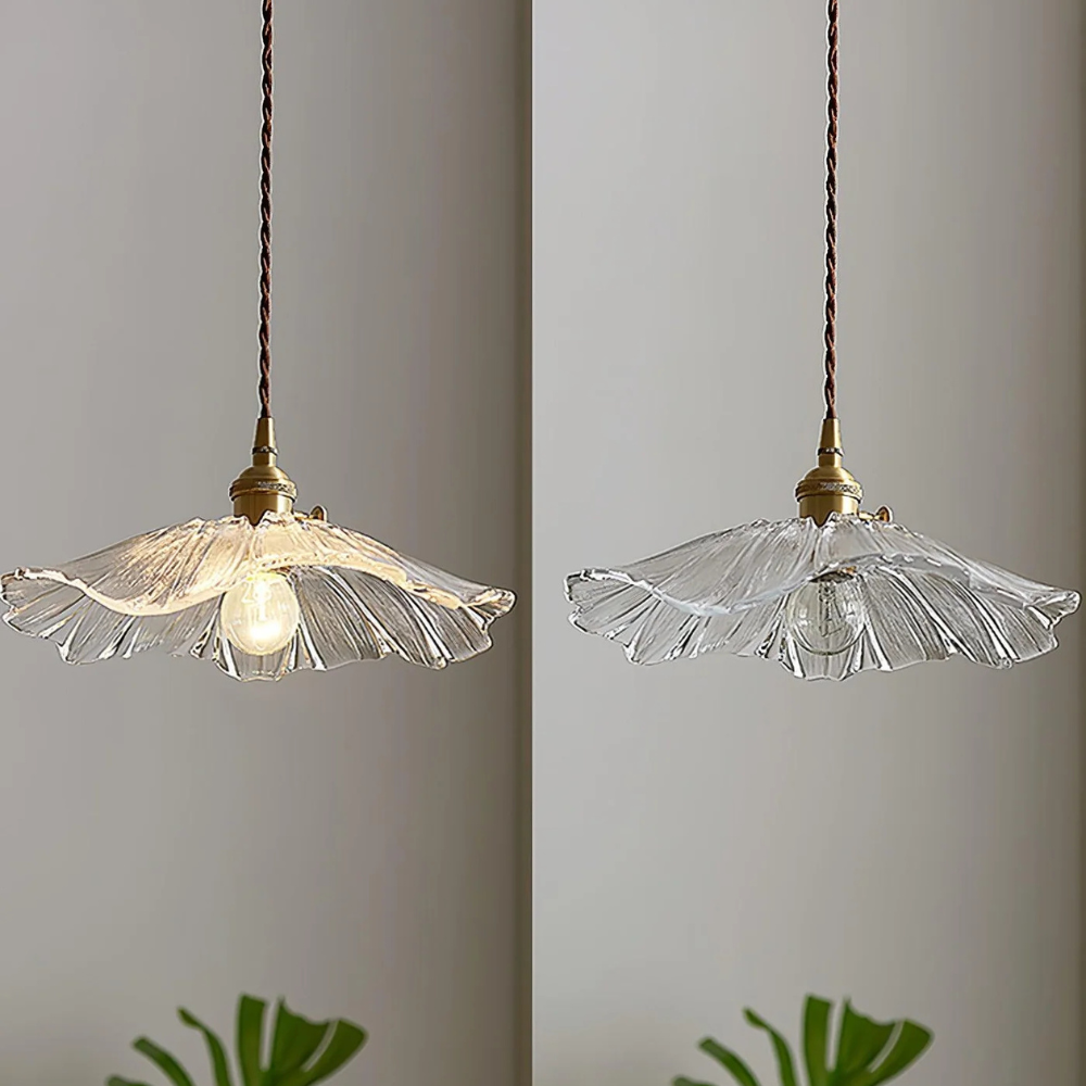 Hanglamp – Glazen bloemvorm in paars en amberkleurig voor aan de eettafel of in de woonkamer