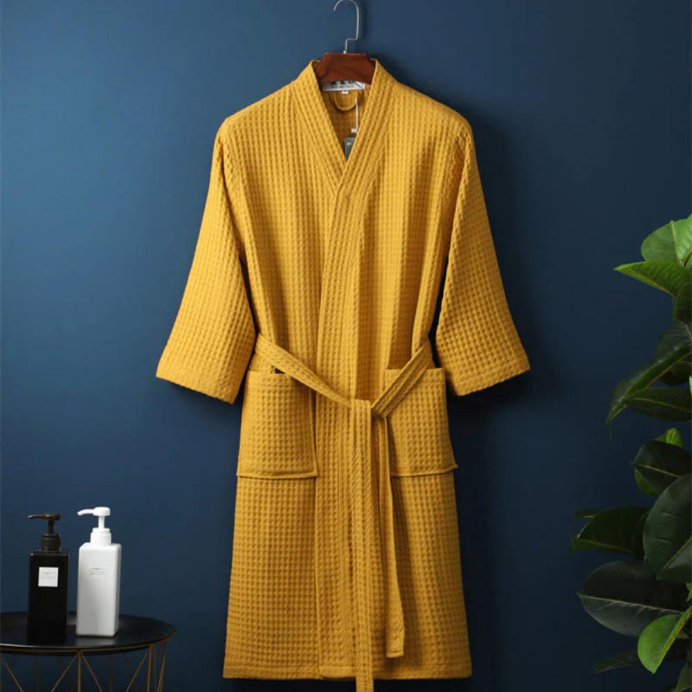 Waffle Bathrobe – 100% Cotton, Beige, V-neck with Adjustable Waist for Home or Wellness