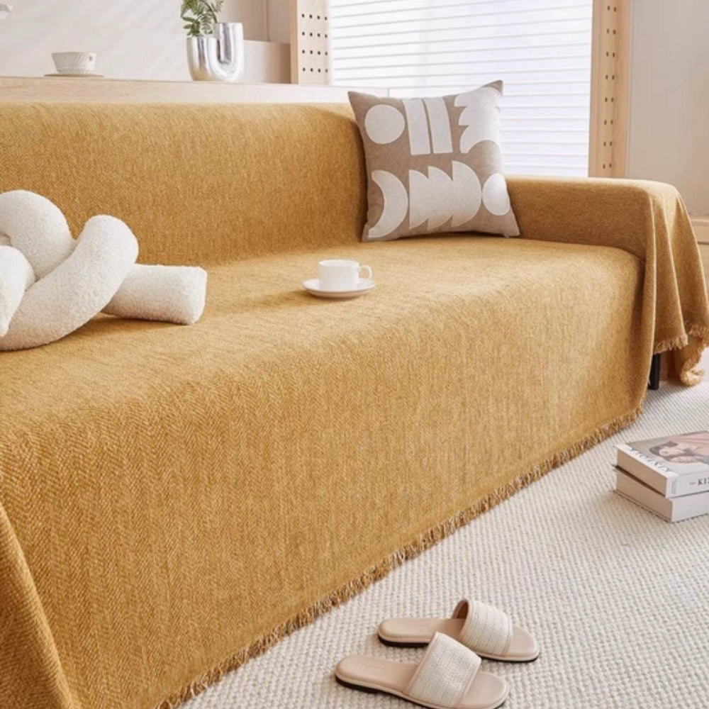 Minimalist Sofa Cover – Chenille, Grey with Fringes for Living Room or Lounge