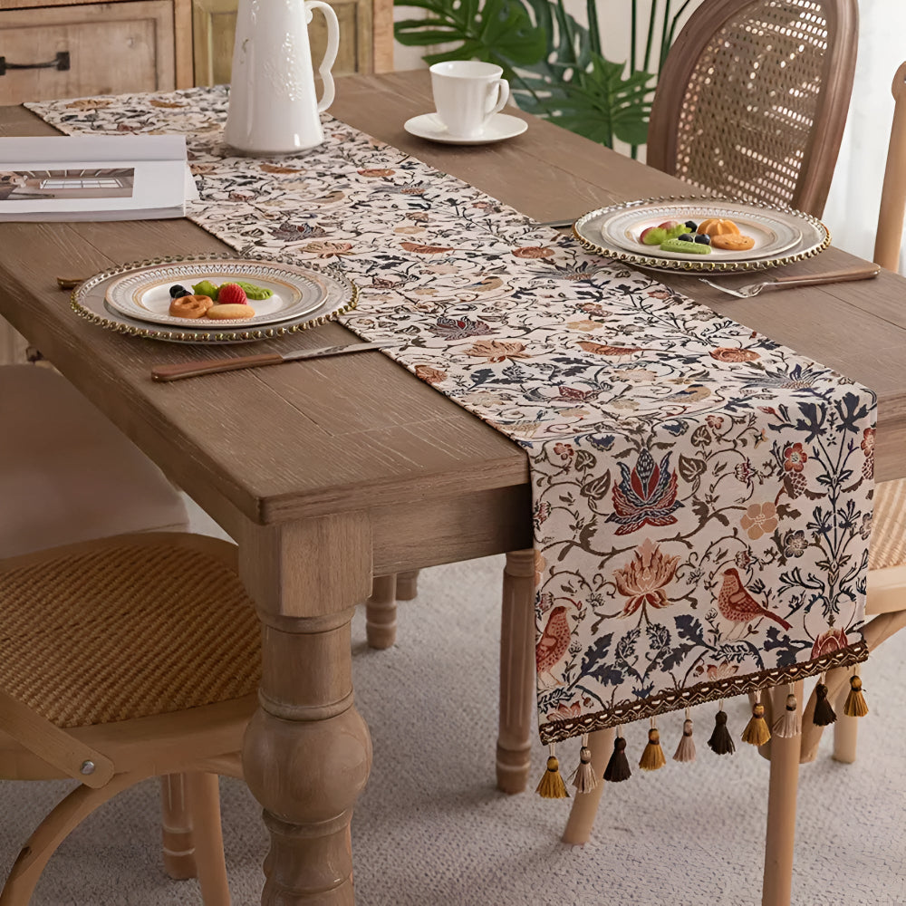 Vintage Jacquard Borddug – Blomster og Fugle, Rustik Design til Spise- eller Kaffe Bord