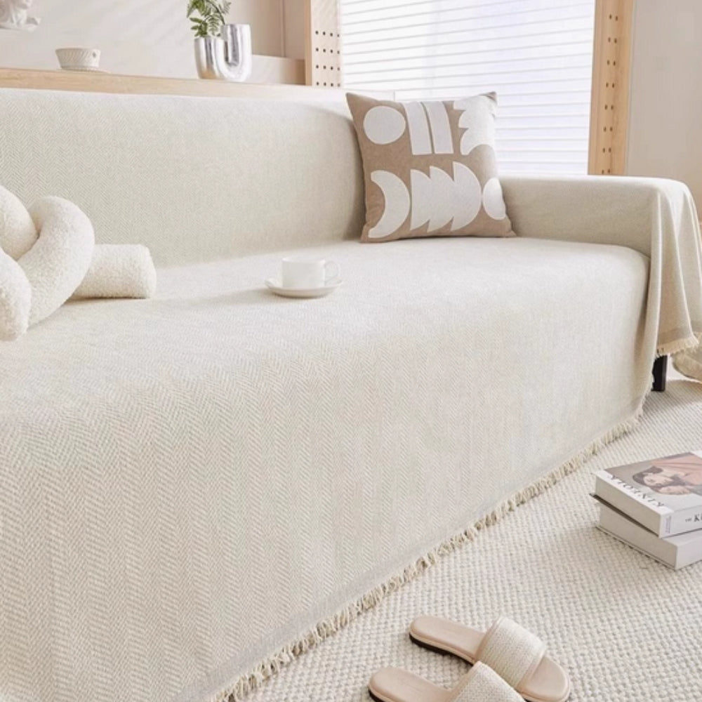 Minimalist Sofa Cover – Chenille, Grey with Fringes for Living Room or Lounge