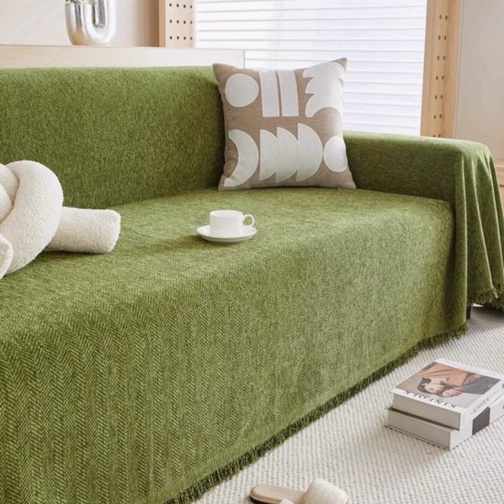 Minimalist Sofa Cover – Chenille, Grey with Fringes for Living Room or Lounge