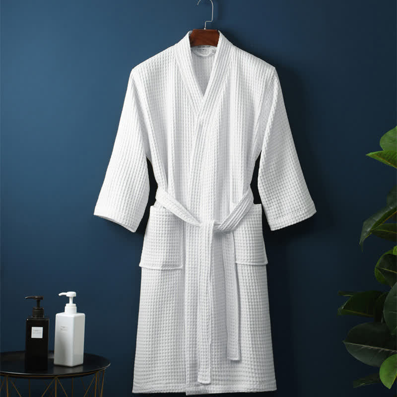 Waffle Bathrobe – 100% Cotton, Beige, V-neck with Adjustable Waist for Home or Wellness