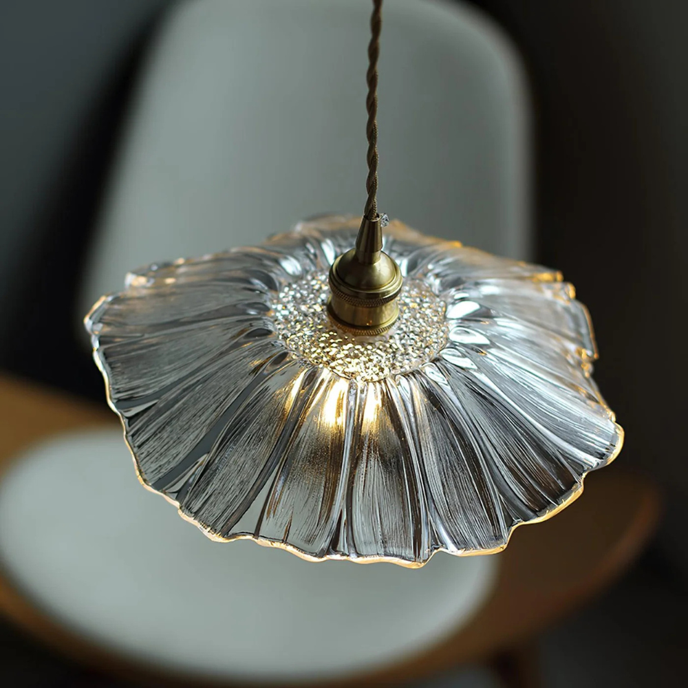 Hanglamp – Glazen bloemvorm in paars en amberkleurig voor aan de eettafel of in de woonkamer