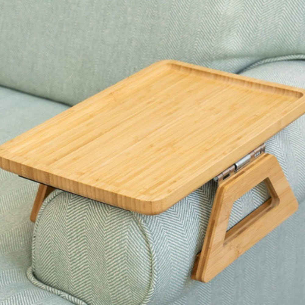 Bamboe-armsteun – Verstelbaar, minimalistisch, met ruimte voor snacks en een laptop