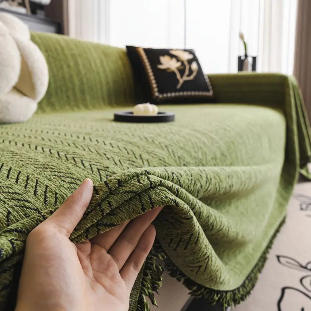 Chenille Sofa Cover – Gray, Herringbone Pattern with Fringes for Living Room or Lounge Sofa