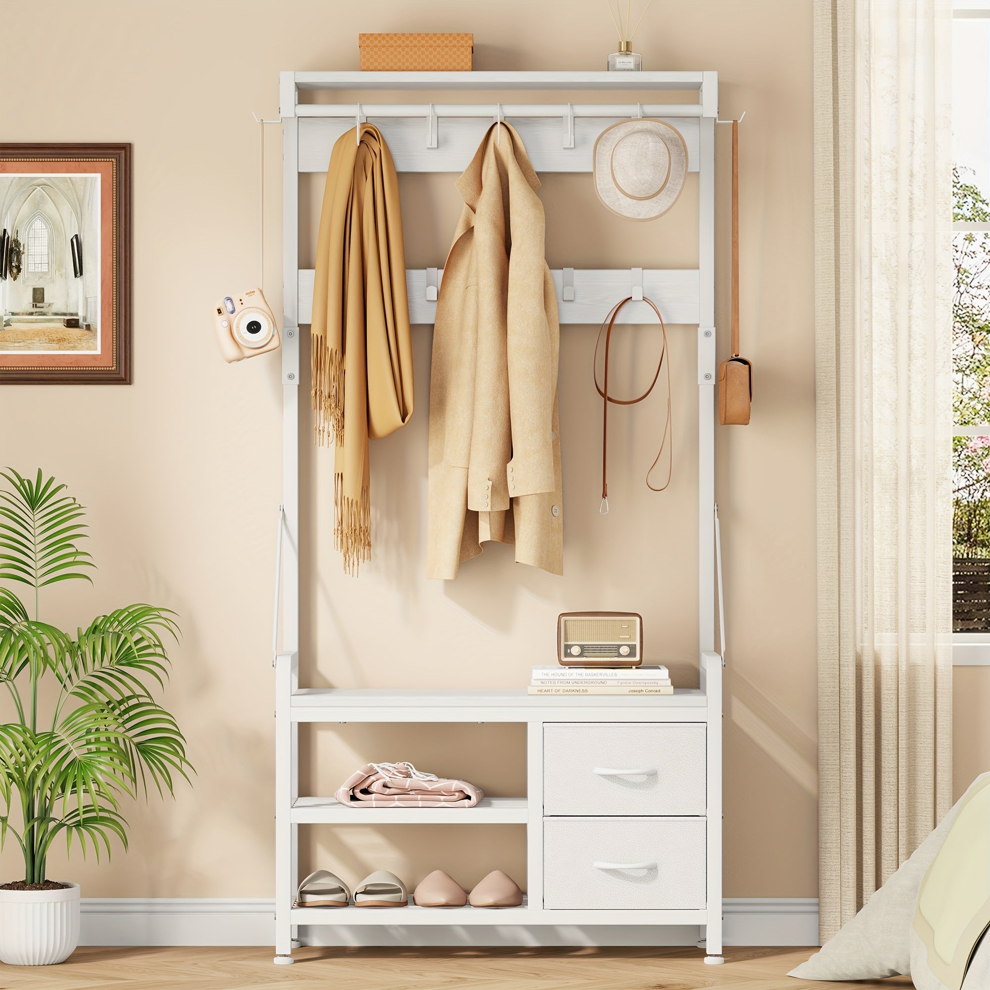 Clothes rack with bench – Brown wood, multifunctional design for hallway or bedroom with shoe shelf and hooks