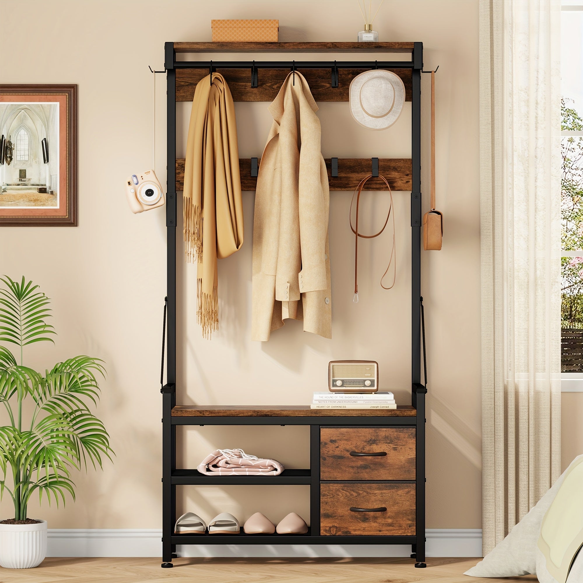 Clothes rack with bench – Brown wood, multifunctional design for hallway or bedroom with shoe shelf and hooks