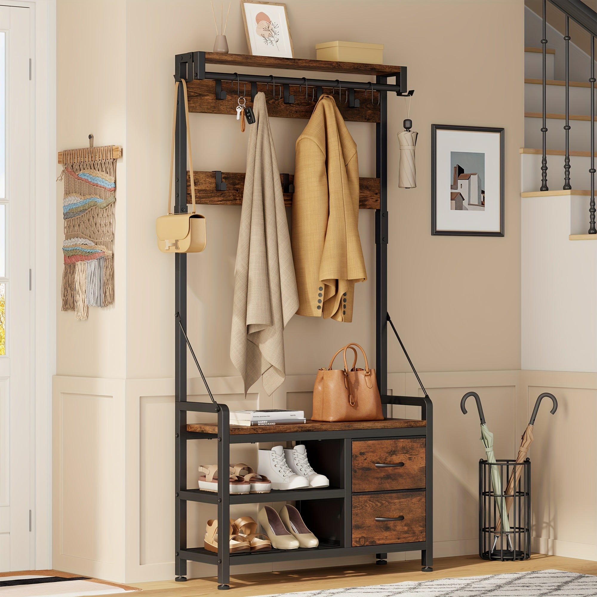 Clothes rack with bench – Brown wood, multifunctional design for hallway or bedroom with shoe shelf and hooks