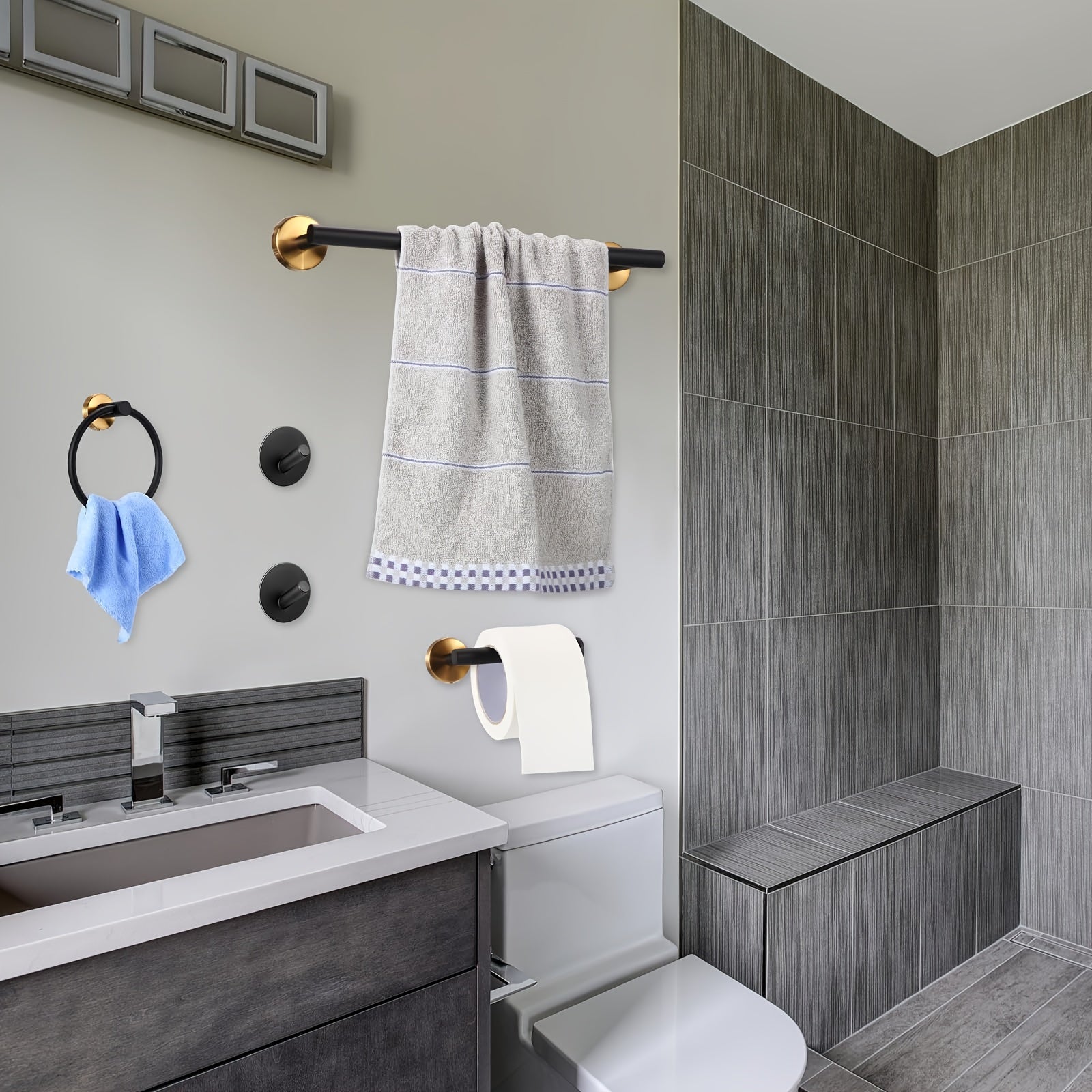 Håndklædeholdersæt – Matsort rustfrit stål, moderne design til badeværelse eller gæstetoilet