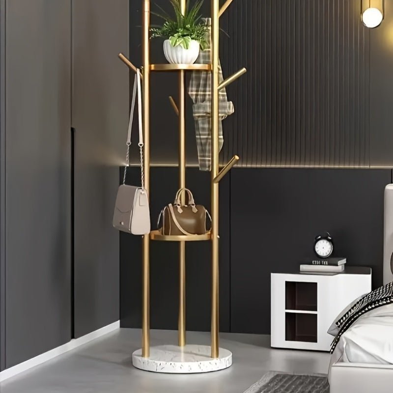 Stylish Clothes Rack – Golden Metal with Natural Marble Base for Hallway, Bedroom, or Office
