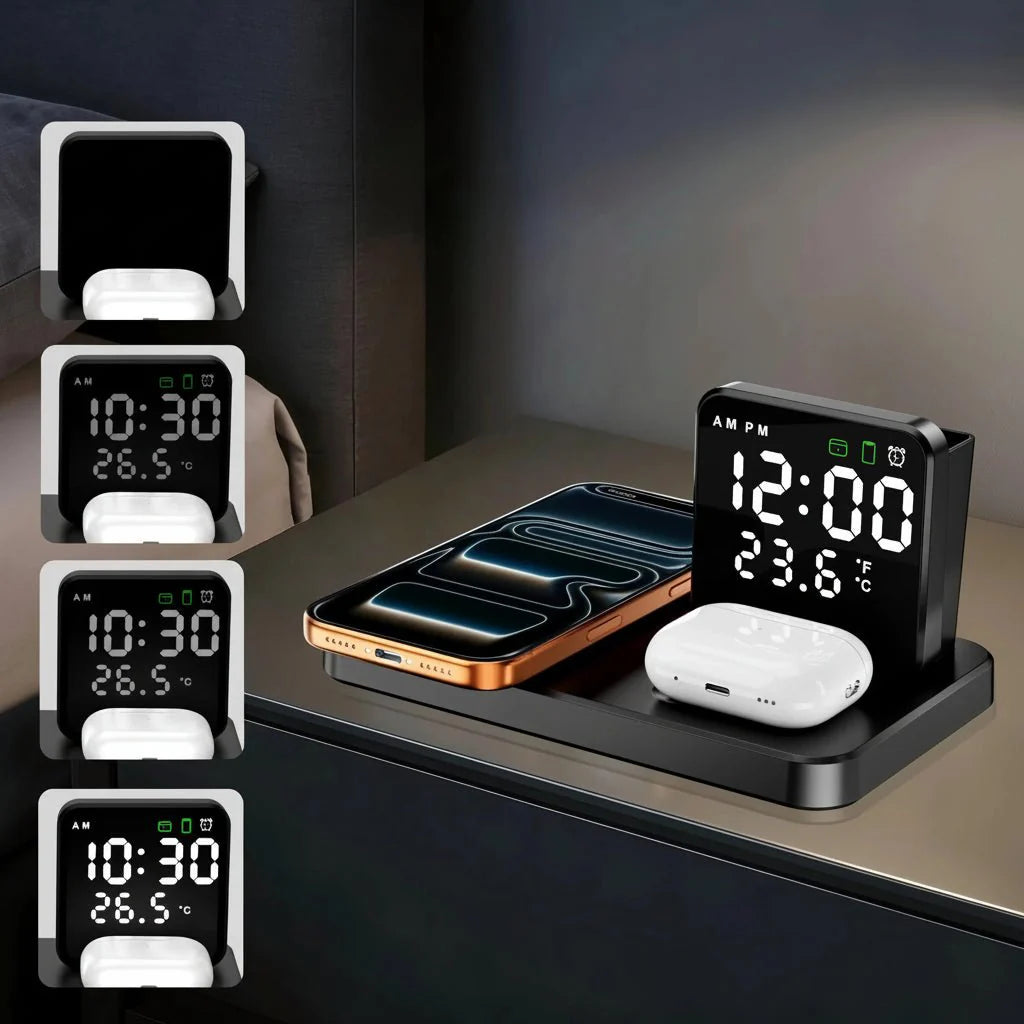 Trådløs Opladestation – Sort, Kompakt 3-i-1 Design til Smartphone, Smartwatch og Hovedtelefon