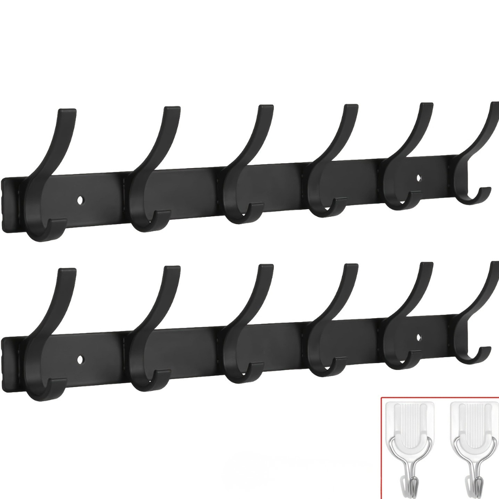 Wall-mounted Clothes Rack – Black Aluminum, Modern Design with 6 Hooks for Hallway, Bedroom, or Bathroom