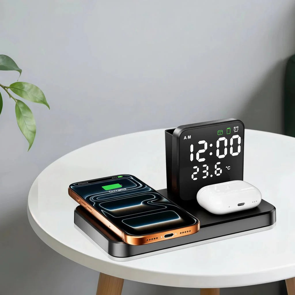 Trådløs Opladestation – Sort, Kompakt 3-i-1 Design til Smartphone, Smartwatch og Hovedtelefon