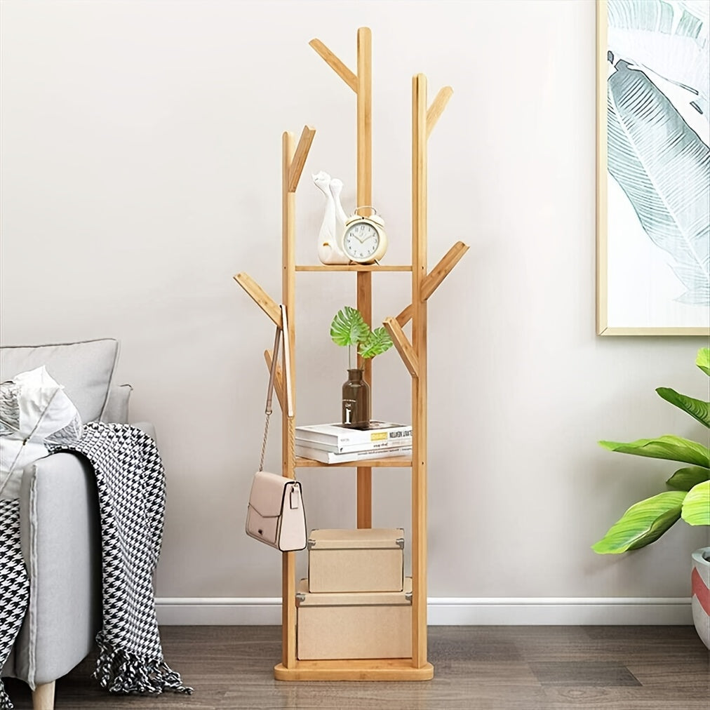 Bamboo Clothes Rack – Elegant, Freestanding with 9 Hooks and 3 Shelves for Hallway or Living Room