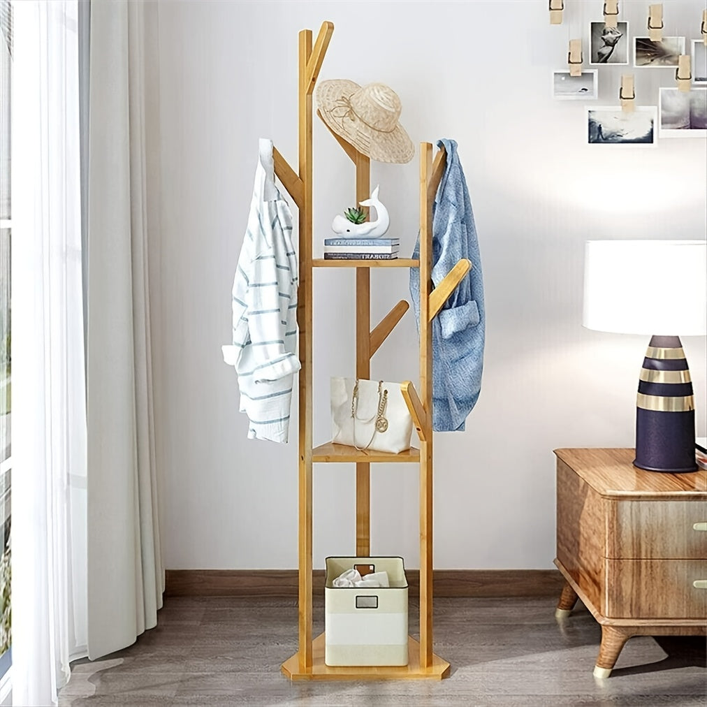 Bambus Tøjstativ – Fritstaand, elegant design med 9 kroge og 3 hylder til entré eller stue