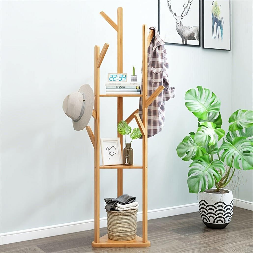 Bamboo Clothes Rack – Elegant, Freestanding with 9 Hooks and 3 Shelves for Hallway or Living Room