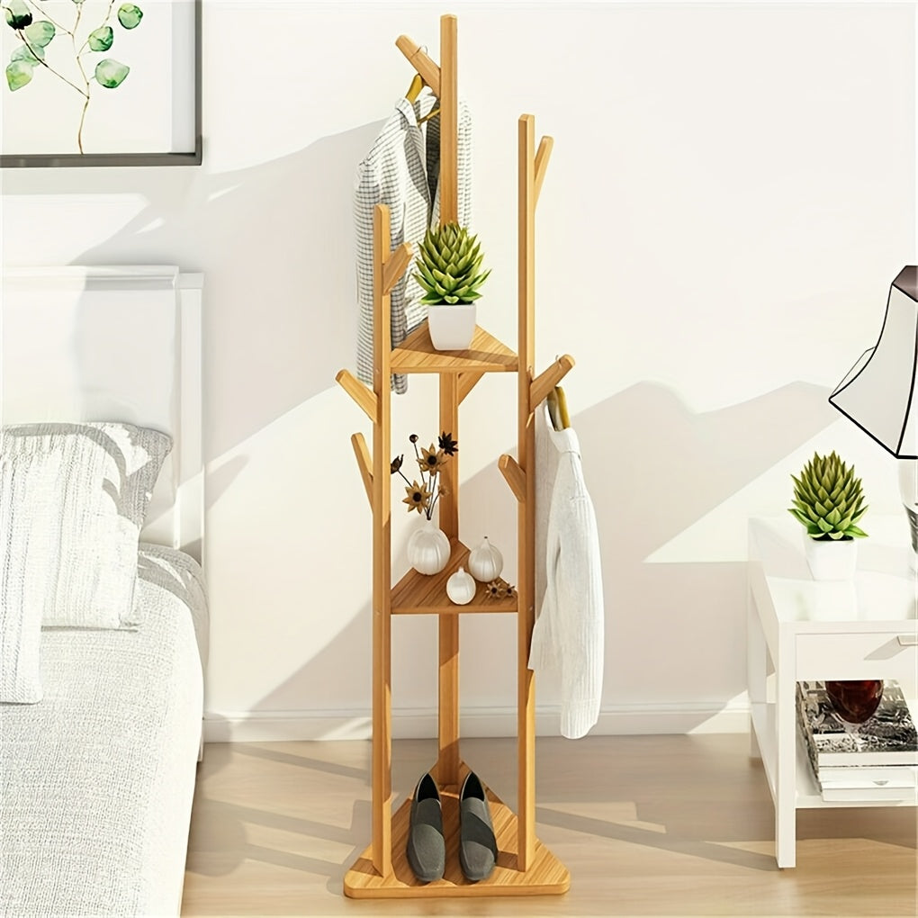 Bamboo Clothes Rack – Freestanding, elegant design with 9 hooks and 3 shelves for hallway or living room