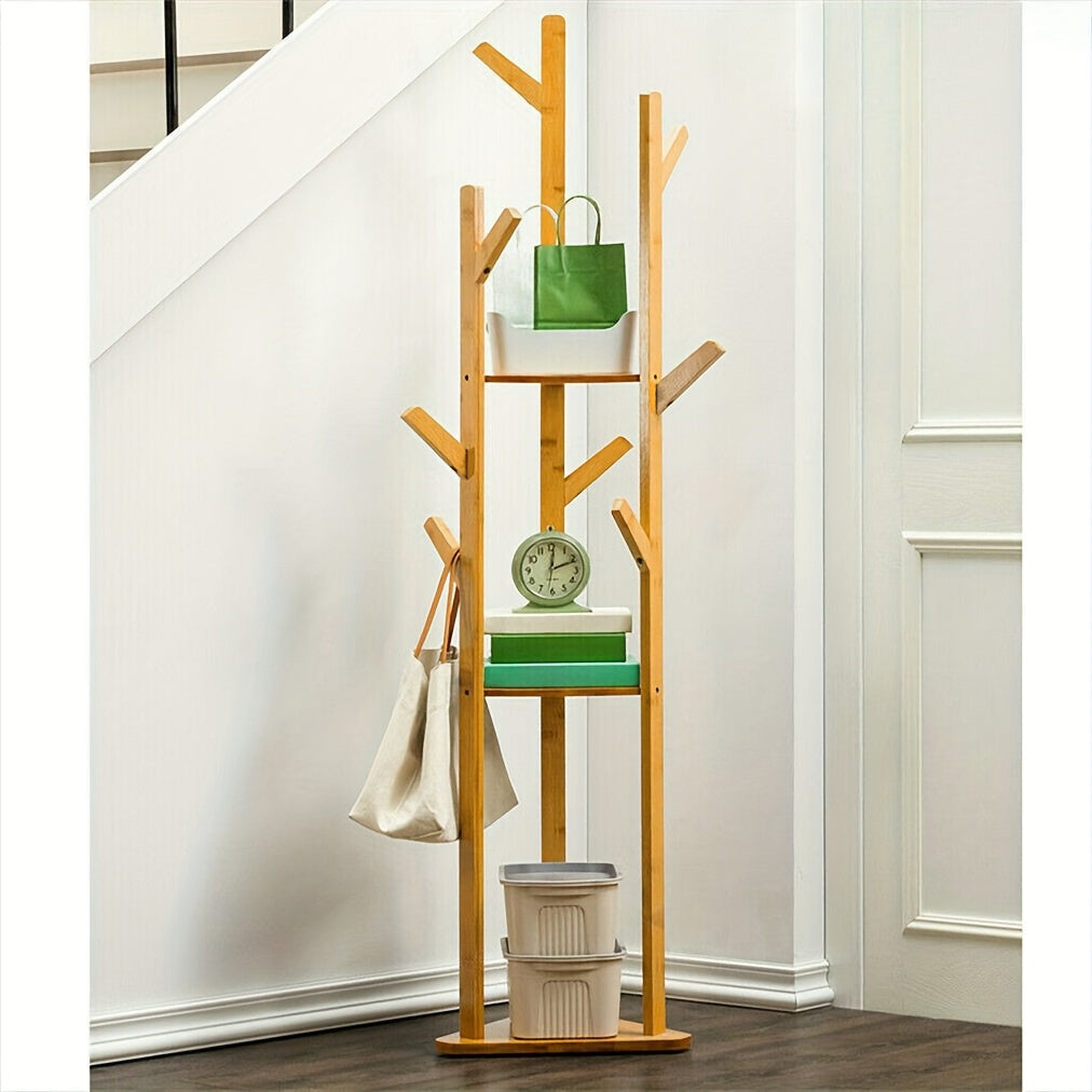 Bamboo Clothes Rack – Freestanding, elegant design with 9 hooks and 3 shelves for hallway or living room