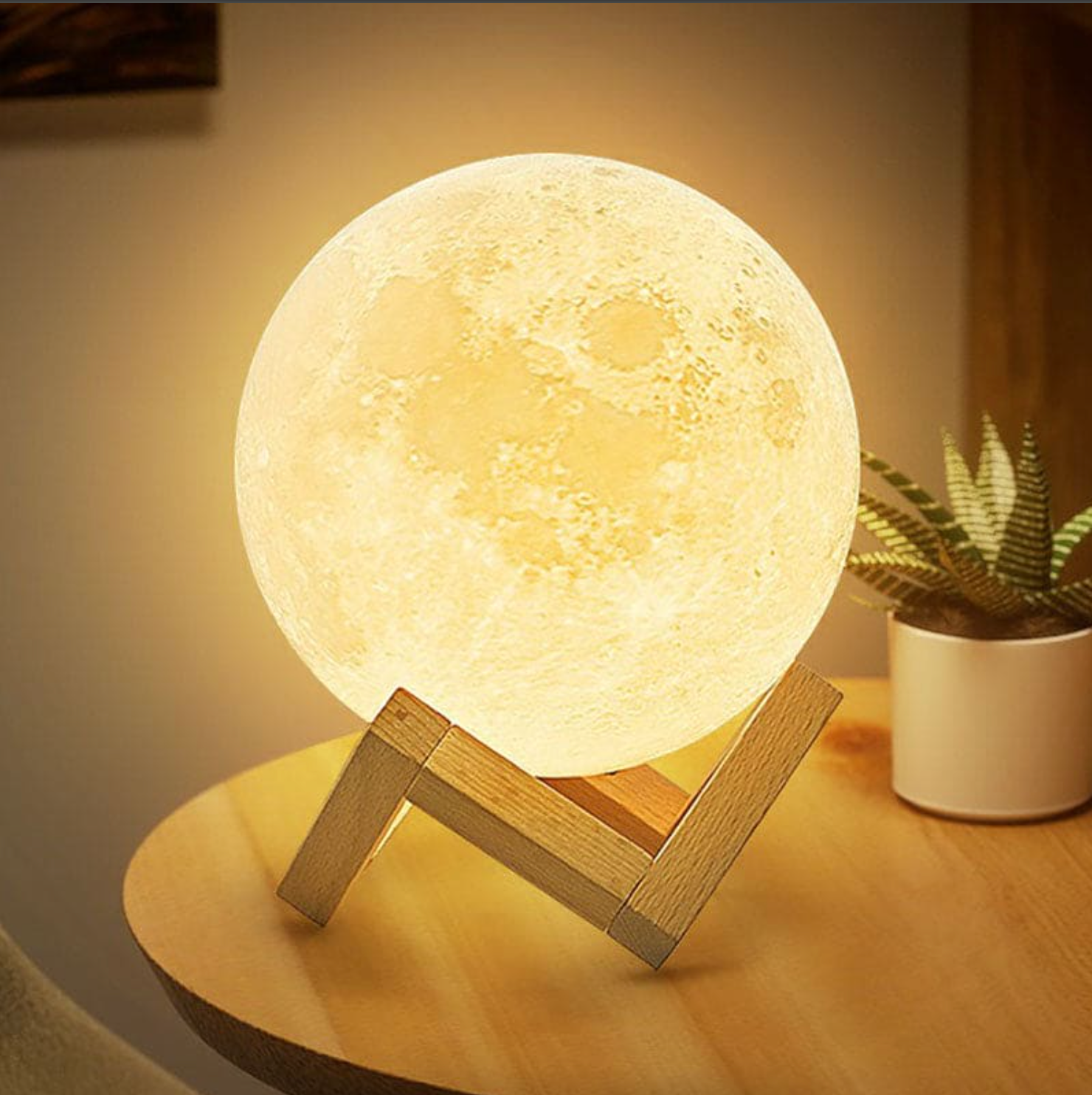 LED-maanlamp – Draadloos, dimbaar met 16 kleuren en houten standaard voor decoratie in de slaapkamer of woonkamer
