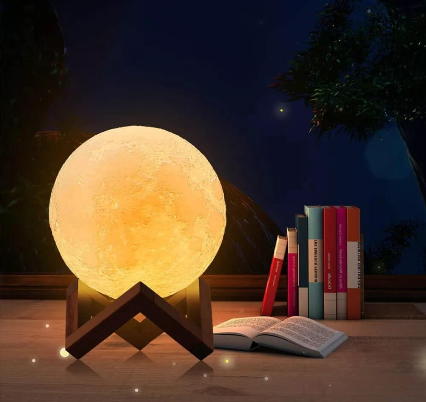 LED-maanlamp – Draadloos, dimbaar met 16 kleuren en houten standaard voor decoratie in de slaapkamer of woonkamer