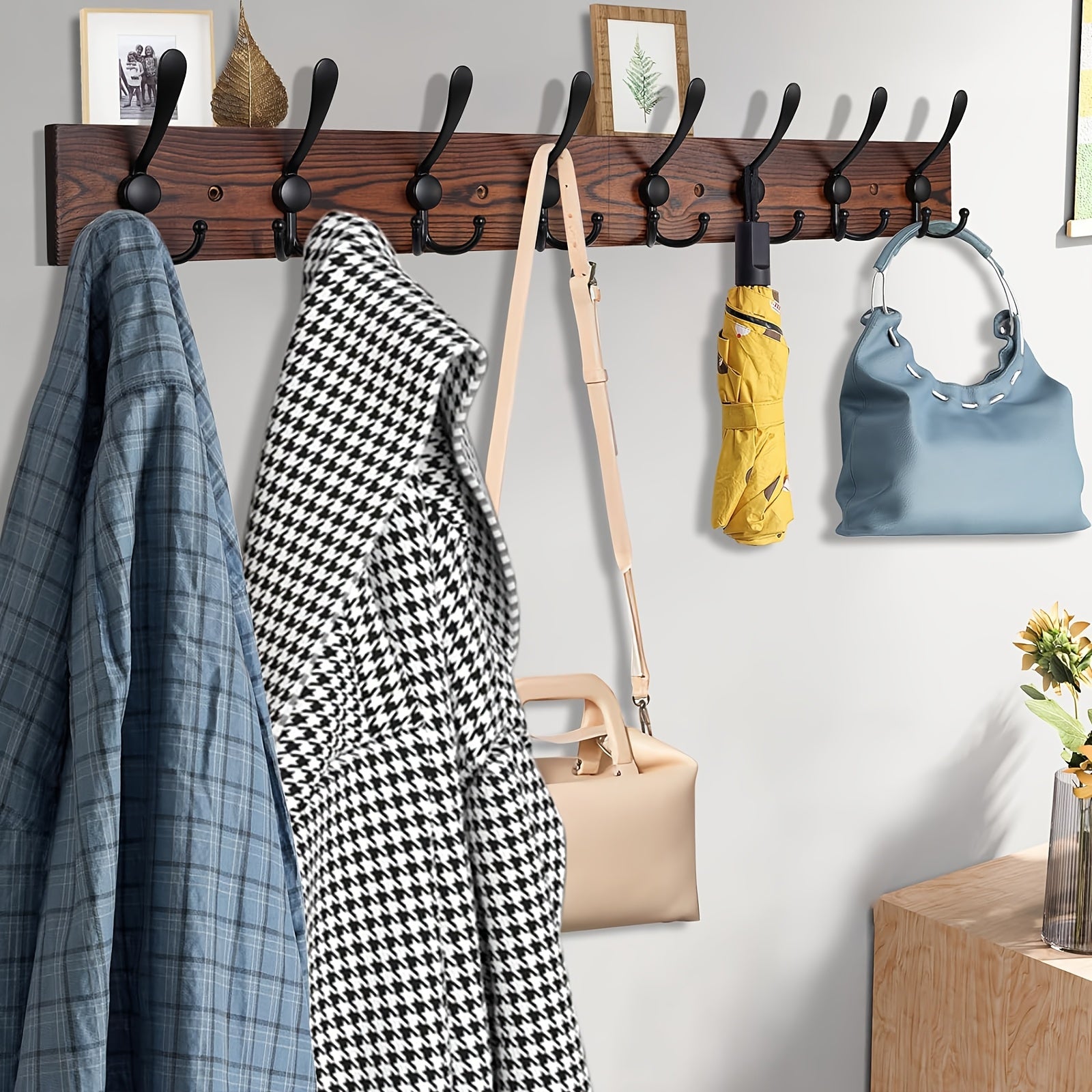 Wall-mounted Clothes Rack – Dark Brown Wood Design for Bathroom, Living Room, or Hallway
