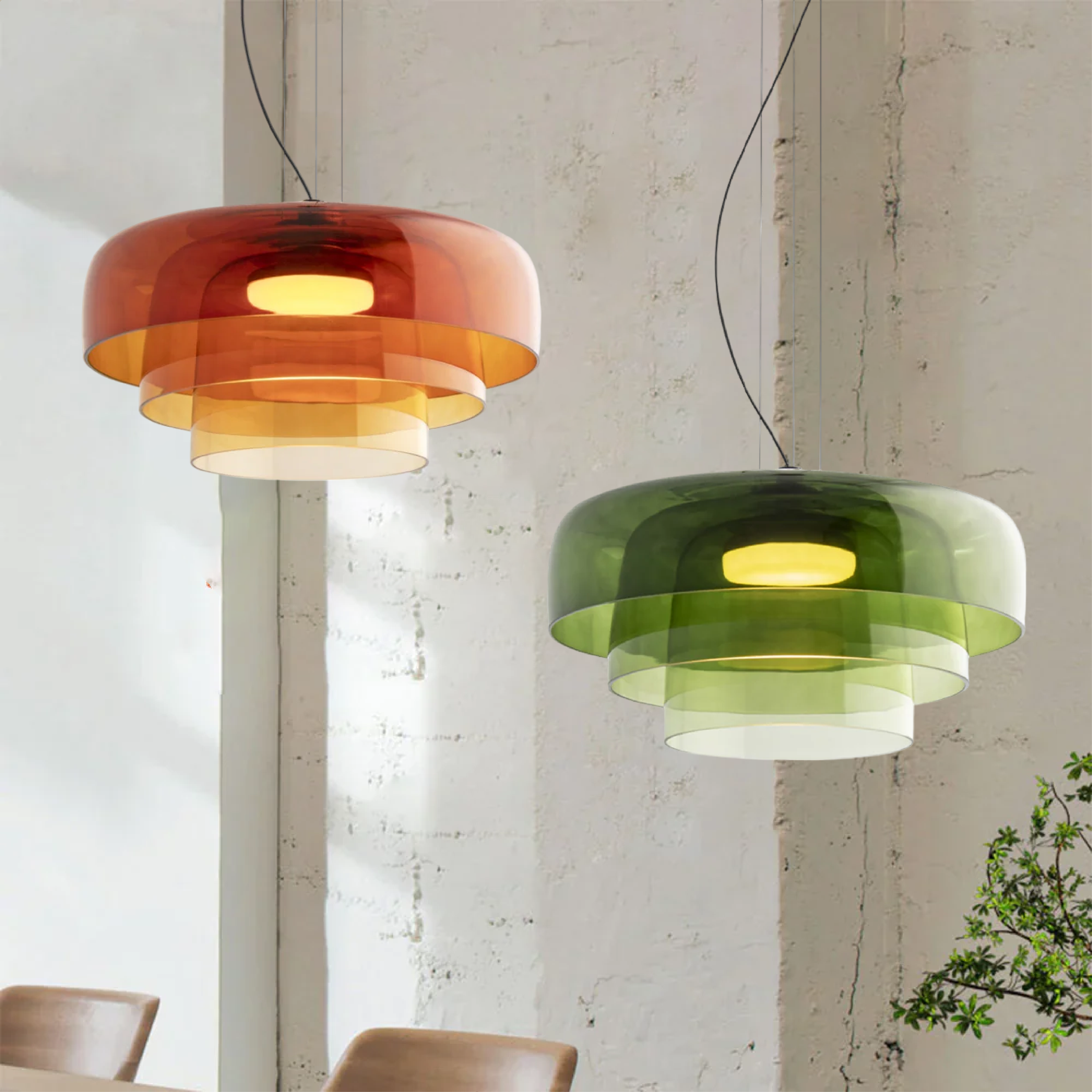 Lagdelte Glas Pendel – Moderne Design i Orange, Grøn eller Grå til Spisebord eller Stue