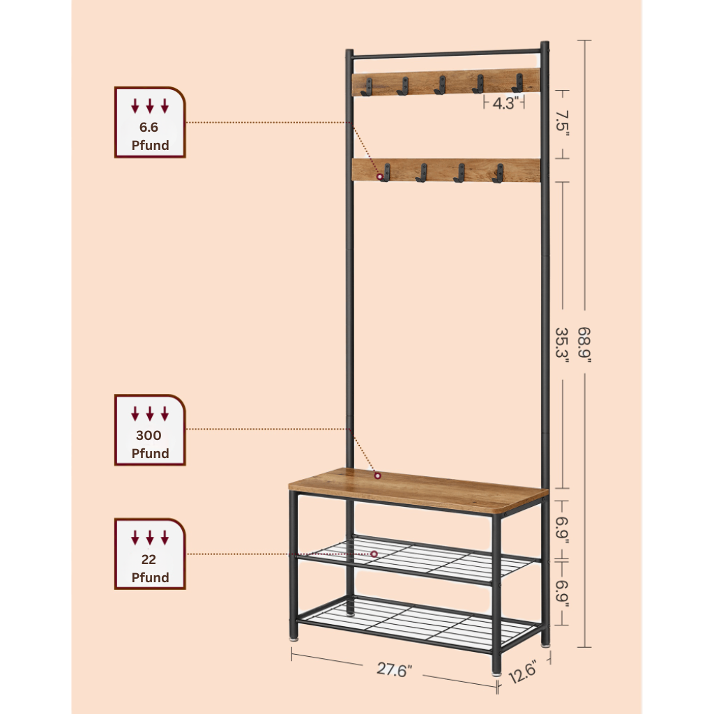 Metal Clothes Rack – Black, simple design with Shoe Shelf and Shelf for hallway or bedroom