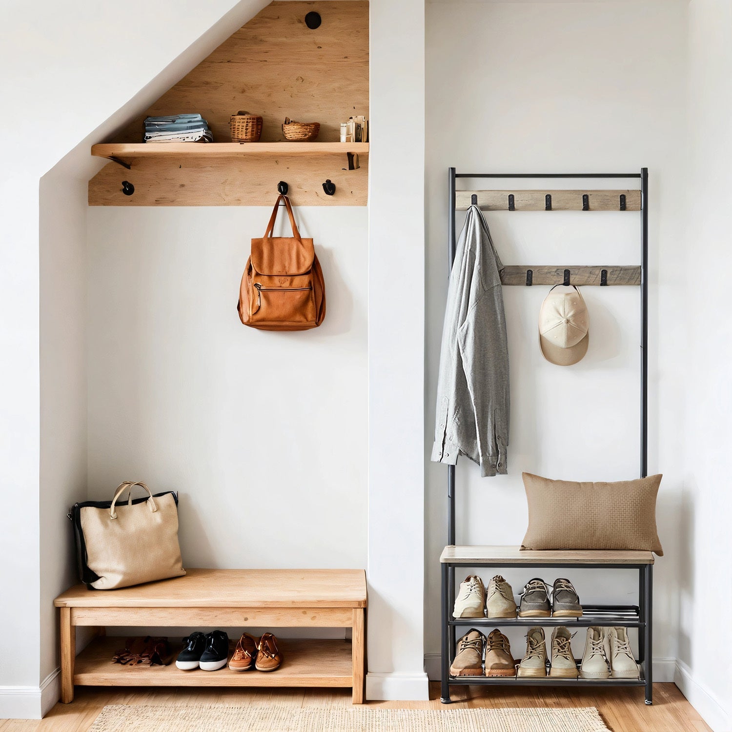 Metal Clothes Rack – Black, simple design with Shoe Shelf and Shelf for hallway or bedroom