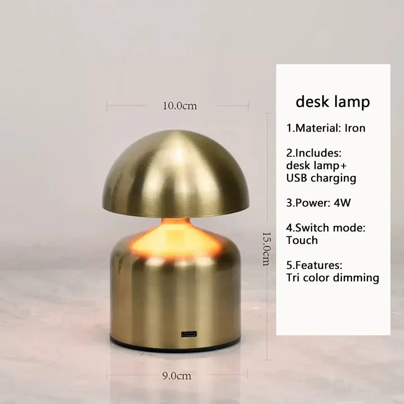 Genopladelig Bordlampe – Retro Svampeform, Metal Finish til Soveværelse eller Stue