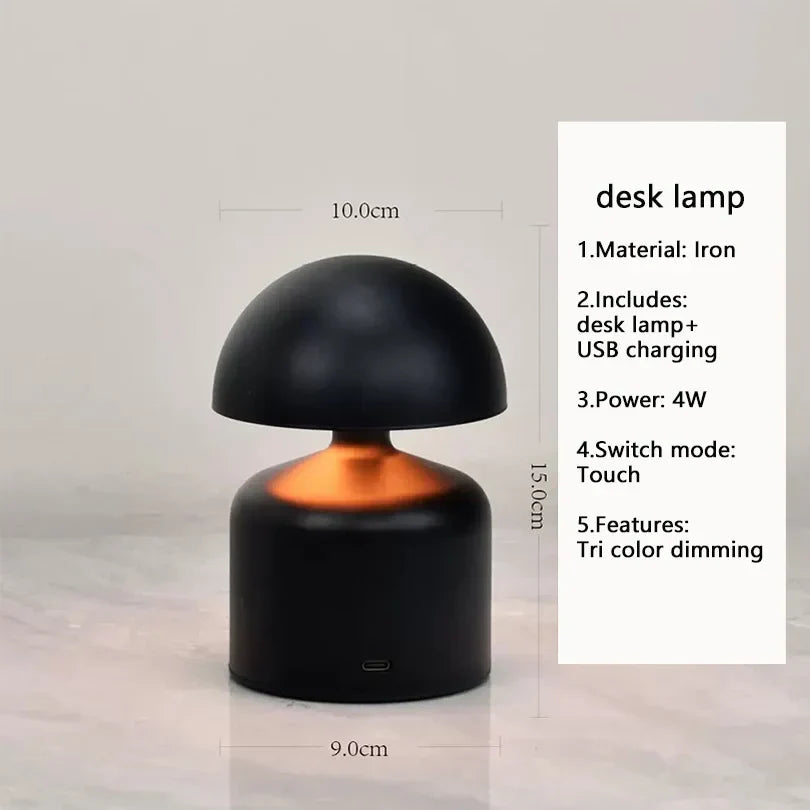 Genopladelig Bordlampe – Retro Svampeform, Metal Finish til Soveværelse eller Stue