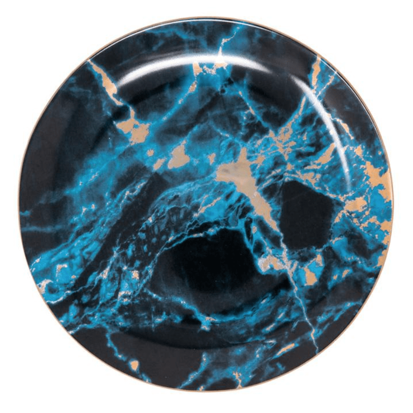 Plate set in marble porcelain – white with gold rim, elegant dessert and main course dishes for table setting