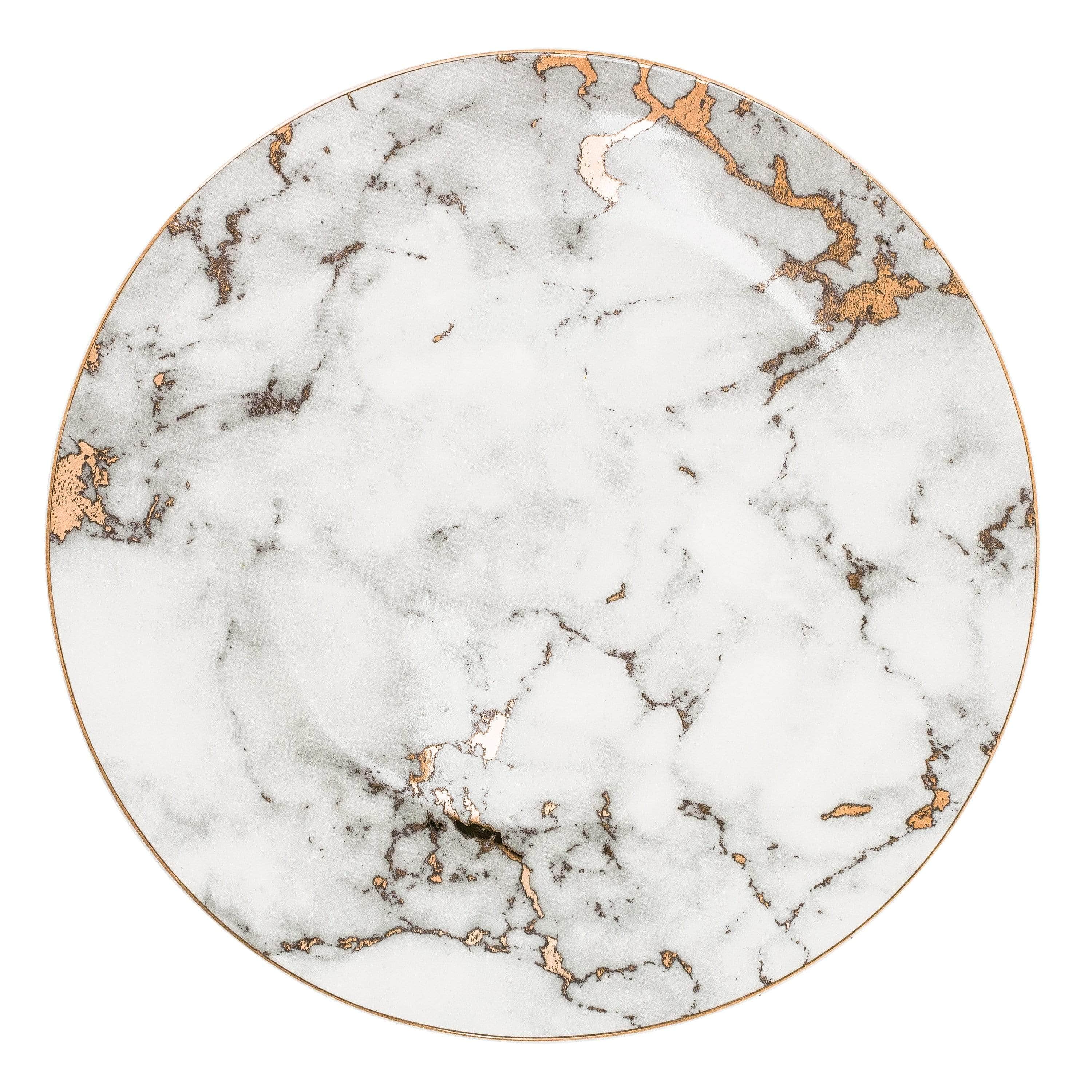 Plate set in marble porcelain – white with gold rim, elegant dessert and main course dishes for table setting