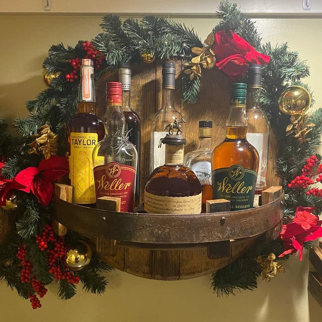 Wall display for beverages – Solid wood with metal fittings, industrial design for kitchen or home bar