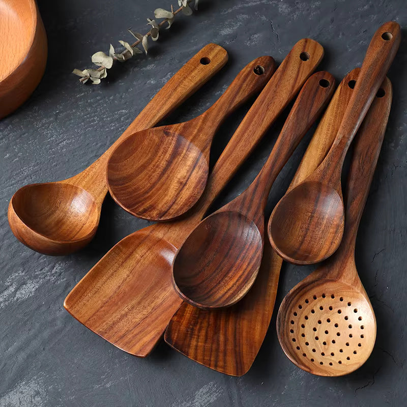 Wooden Kitchen Utensils Set – Teak, 7-piece Set for Cooking and Serving in the Kitchen