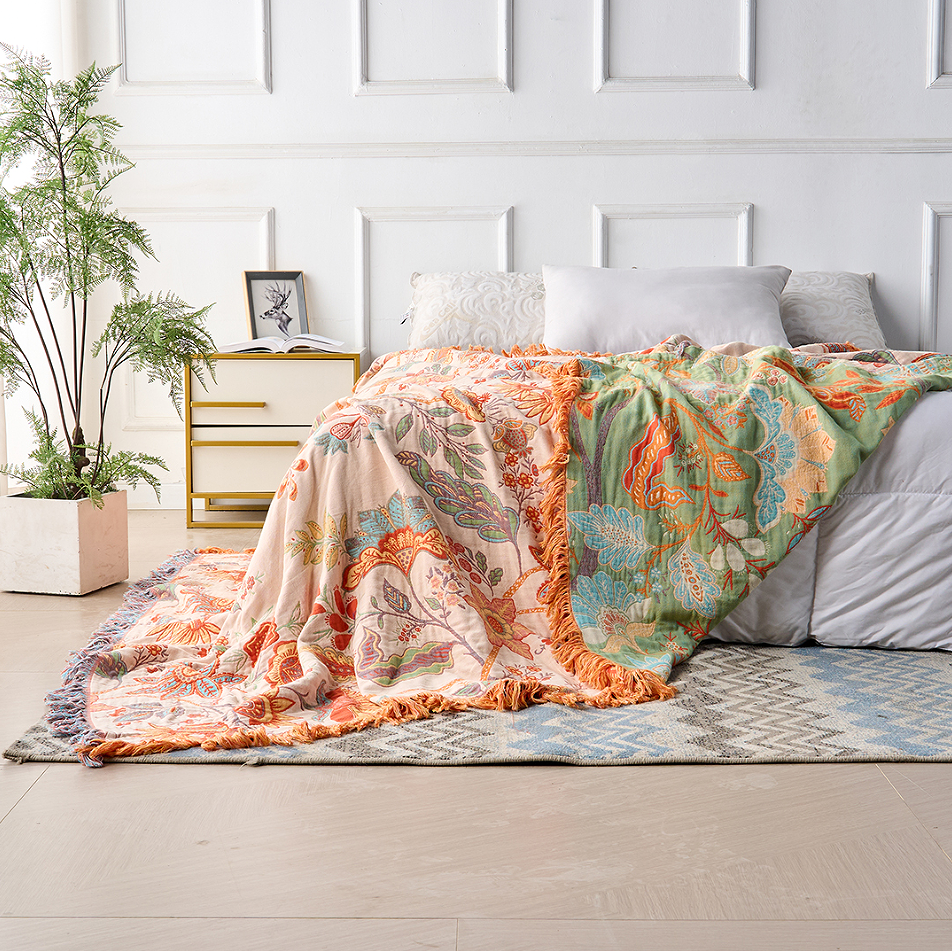 Bohemian katoenen plaid – Crème met bloemenprint in oranje en blauw voor de woonkamer of slaapkamer