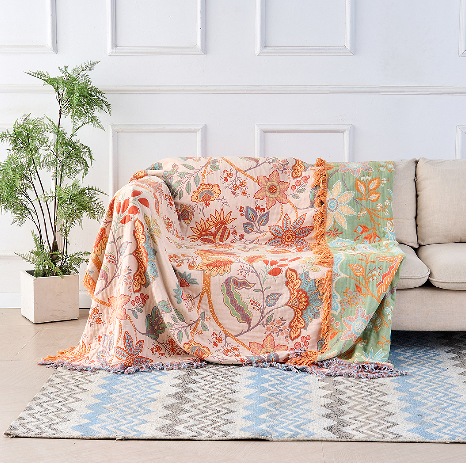 Bohemian katoenen plaid – Crème met bloemenprint in oranje en blauw voor de woonkamer of slaapkamer