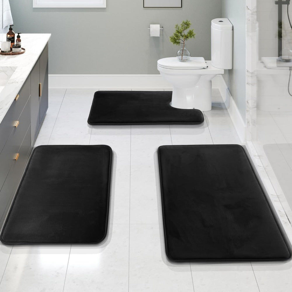 Memory Foam Badmåtte – Blød Velour, Antiskrid Design til Badeværelse eller Bruseområde – 3-delt Sæt