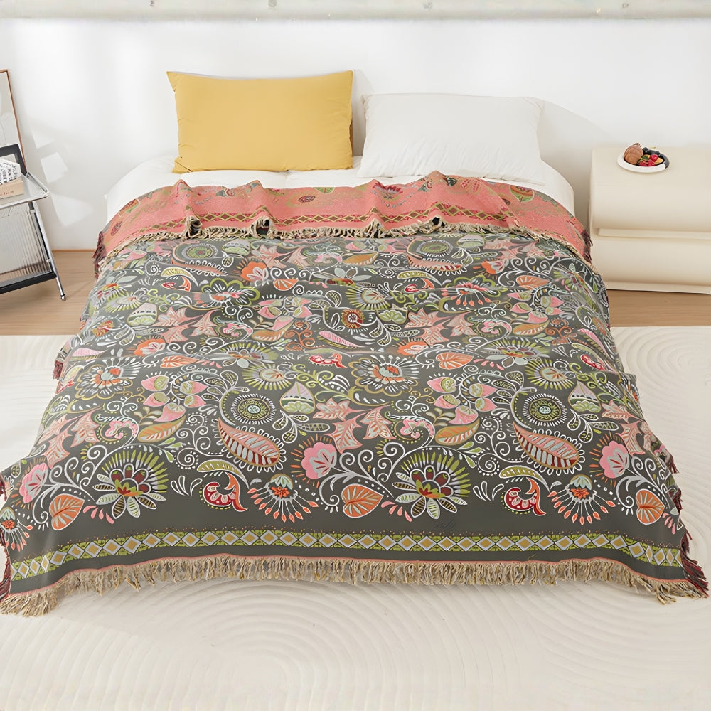 Boho Reversible Blanket – Cotton, Autumn Flowers with Fringes for Sofa or Bed