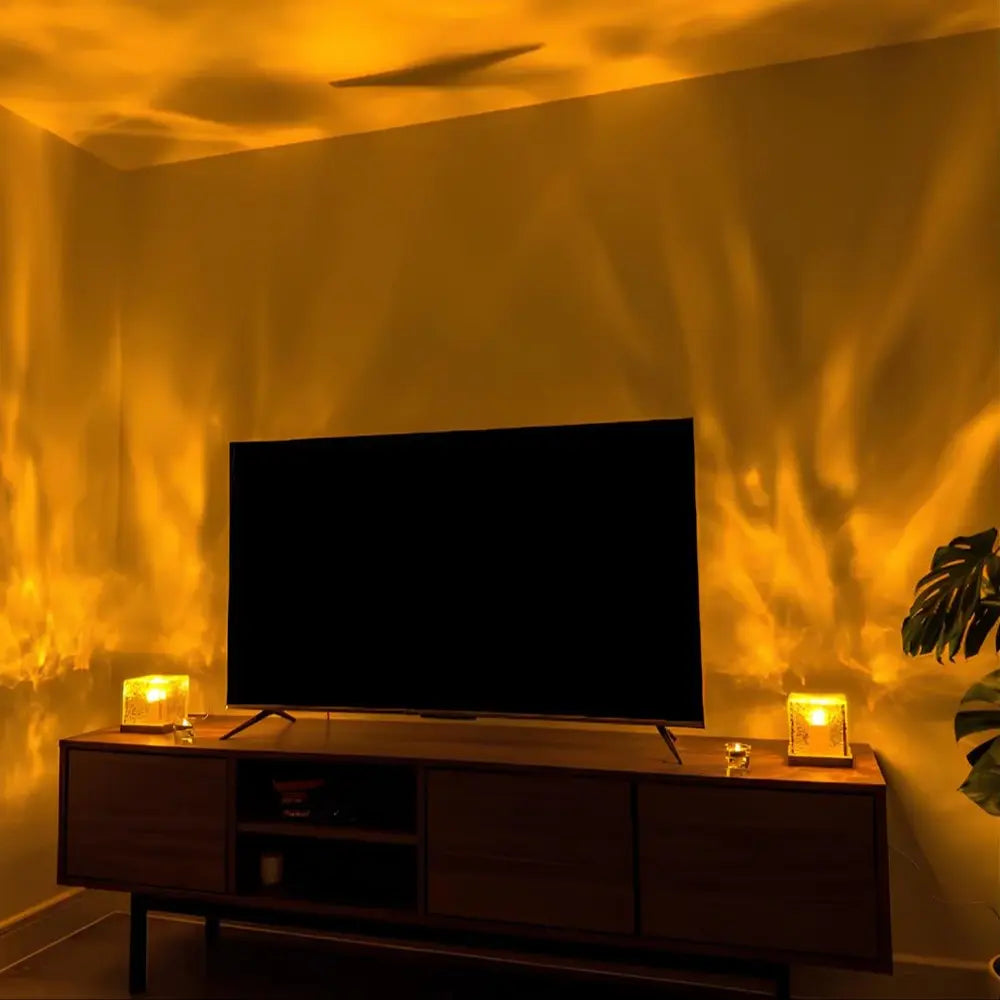 Lampa Aurora Borealis – drewniana podstawa, kolorowa kostka do sypialni lub salonu